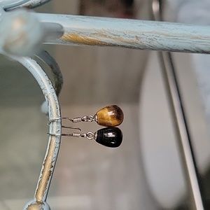 Tiger eye earrings, gold/black/brown toned sterling silver, 0.75 inch, dangling